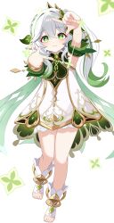Rule 34 | 1girl, absurdres, anklet, closed mouth, detached sleeves, dress, floating hair, full body, genshin impact, green eyes, green hair, green sleeves, highres, jewelry, kenomotsu yukuwa, long hair, looking at viewer, multicolored hair, nahida (genshin impact), short dress, short sleeves, sleeveless, sleeveless dress, smile, solo, symbol-shaped pupils, two-tone hair, white dress, white hair