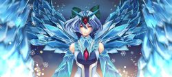 Rule 34 | 1girl, anivia, anivia (cosplay), blue background, blue hair, cirno, cosplay, gem, hair ornament, hair ribbon, hannah santos, highres, ice, ice wings, league of legends, red eyes, ribbon, snowflakes, solo, touhou, upper body, wings