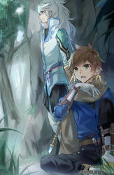 Rule 34 | 10s, 2boys, brown hair, capelet, cloud, cloudy sky, day, earrings, feather earrings, feathers, gloves, grass, green eyes, grey sky, highres, jewelry, long hair, long sleeves, male focus, mikleo (tales), multiple boys, official alternate costume, open mouth, purple eyes, qitoli, rain, rock, sitting, sky, sorey (tales), standing, sword, tales of (series), tales of zestiria, weapon, white hair