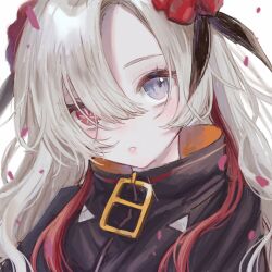 Rule 34 | 1girl, black coat, coat, commentary request, falling petals, flower, glint, grey eyes, hair flower, hair ornament, hair over one eye, head tilt, heterochromia, high collar, highres, isekai joucho, kamitsubaki studio, light blush, long hair, looking at viewer, mismatched pupils, multicolored hair, parted lips, petals, portrait, red eyes, red flower, red hair, ria (rian 0210), sidelocks, simple background, solo, star-shaped pupils, star (symbol), streaked hair, symbol-shaped pupils, upturned eyes, virtual youtuber, wavy hair, white background, white hair, zipper pull tab