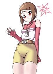 Rule 34 | 1girl, arm behind back, bare shoulders, belt, belt buckle, bob cut, brown hair, buckle, cowboy shot, crests (digimon), digimon, digimon adventure 02, elbow gloves, eron, fingerless gloves, gloves, hair ornament, hairpin, highres, lanyard, pants, red eyes, shirt, short hair, short shorts, shorts, sleeveless, sleeveless turtleneck, smile, solo, tight clothes, tight pants, tight shirt, turtleneck, waving, yagami hikari, yellow shorts
