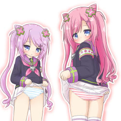 Rule 34 | 2girls, :t, armband, black shirt, blue eyes, blush, borrowed character, closed mouth, clothes lift, hair ornament, hairclip, lifted by self, long hair, long sleeves, looking at viewer, looking to the side, multiple girls, neckerchief, original, outline, panties, pink hair, pink neckerchief, pleated skirt, pout, purple hair, purple sailor collar, ri-net, sailor collar, school uniform, serafuku, shirt, skirt, skirt lift, sleeves past wrists, standing, striped clothes, striped panties, thighhighs, twintails, two side up, underwear, very long hair, white background, white legwear, white outline, white skirt, x hair ornament