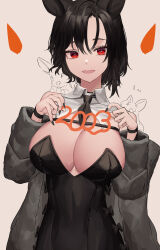 Rule 34 | 1girl, 2023, :d, absurdres, animal ears, black bow, black hair, black leotard, black nails, black necktie, bow, breasts, chinese zodiac, cleavage, coat, grey coat, highres, large breasts, leotard, long sleeves, mea (hwaksal), nail polish, necktie, open clothes, open coat, open mouth, original, playboy bunny, rabbit, red eyes, short hair, smile, solo, strapless, strapless leotard, upper body, wristband, year of the rabbit