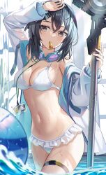 Rule 34 | 1girl, absurdres, arknights, arm up, bare shoulders, bikini, bikini skirt, black hair, blurry, breasts, cleavage, cowboy shot, depth of field, frills, goggles, goggles around neck, grey eyes, highres, holding, holding scythe, holding weapon, id card, jacket, la pluma (arknights), la pluma (summer flowers) (arknights), lanyard, long sleeves, looking at viewer, medium breasts, medium hair, mirufuaa, mouth hold, navel, off shoulder, open clothes, open jacket, scythe, solo, standing, stomach, string bikini, swimsuit, thigh strap, wading, water, weapon, wet, wet hair, whistle, white bikini, white jacket