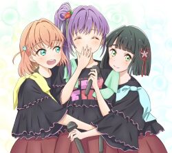 3girls 3rd_live_tour_try_tri_unity!!! :d ^_^ aqua_eyes black_hair black_shirt blunt_bangs blunt_ends blush brown_skirt cerise_bouquet closed_eyes closed_mouth clothes_writing commentary_request crossed_bangs flower flower_knot frilled_shirt frills green_background green_eyes group_hug hair_bun hair_flower hair_ornament hasu_no_sora_school_uniform hinoshita_kaho holding holding_microphone hug link!_like!_love_live! long_hair looking_at_viewer love_live! medium_hair microphone momose_ginko multiple_girls open_mouth orange_hair otomune_kozue pleated_skirt purple_hair rabbit_hair_ornament red_flower school_uniform shirt short_hair side_ponytail sidelocks single_side_bun skirt smile split_mouth t-shirt tasogare0101 tassel tassel_hair_ornament two_side_up virtual_youtuber winter_uniform