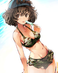 Rule 34 | 10s, 1girl, akiyama yukari, baseball cap, bikini, blue hat, breasts, brown eyes, brown hair, camouflage, camouflage bikini, cleavage, collarbone, commentary request, cowboy shot, dutch angle, food, girls und panzer, groin, halterneck, hat, highres, holding, holding food, looking at viewer, medium breasts, messy hair, navel, nishiide kengorou, popsicle, short hair, solo, standing, stomach, swimsuit, tongue, tongue out, water