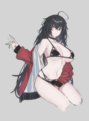 Rule 34 | 1girl, ahoge, azur lane, bare legs, bikini, black bikini, black hair, blush, breasts, cleavage, collarbone, echj, grey background, hand up, jacket, jacket on shoulders, large breasts, legs, long hair, looking at viewer, medium breasts, navel, official alternate costume, red eyes, red jacket, simple background, sitting, solo, swimsuit, taihou (azur lane), taihou (enraptured companion) (azur lane), tight clothes