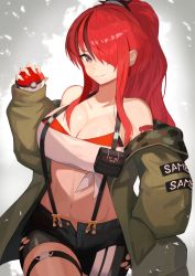 Rule 34 | 1girl, bike shorts, breasts, camouflage, camouflage jacket, cleavage, closed mouth, green jacket, hair over one eye, high ponytail, highres, jacket, lain paterson, lain paterson (1st costume), large breasts, looking at viewer, nijisanji, red hair, short shorts, shorts, sino (oyasumi hf), smile, solo, strapless, torn bike shorts, torn clothes, tube top, virtual youtuber, white tube top