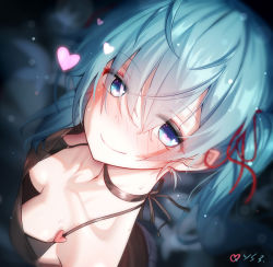 Rule 34 | 1girl, artist name, black choker, black dress, blue eyes, blue hair, blurry, blurry background, blush, breasts, choker, cleavage, closed mouth, depth of field, downblouse, dress, from above, hair between eyes, hair ribbon, hatsune miku, heart, heart in eye, long hair, looking at viewer, looking up, qys3, red ribbon, ribbon, shinkai shoujo (vocaloid), sleeveless, sleeveless dress, smile, solo, symbol in eye, twintails, very long hair, vocaloid