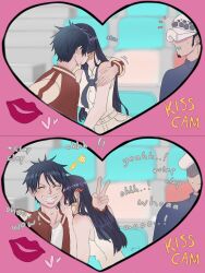 Rule 34 | 1girl, 2boys, black hair, blush, boa hancock, breasts, closed eyes, covering face, earrings, embarrassed, english text, facial hair, facial scar, fur hat, goatee, grin, hand on own face, hat, heart, heart frame, highres, jewelry, kiss, kiss cam, long hair, looking at another, monkey d. luffy, multiple boys, notice lines, one piece, open mouth, review jujur, scar, scar on cheek, scar on face, shirt, short hair, sideburns, sitting, smile, snake earrings, stadium, surprised, sweatdrop, trafalgar law, turn pale, v, very long hair