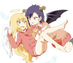 Rule 34 | 10s, 2girls, angel and devil, angel wings, barefoot, blonde hair, blue eyes, blush, bow, bowtie, cardigan, carrying, demon horns, demon wings, feathers, feet, floating, gabriel dropout, hair ornament, halo, highres, horns, jacket, long hair, multiple girls, no pants, open mouth, princess carry, purple eyes, purple hair, school uniform, shigure (sigre), short hair, smile, surprised, gabriel tenma white, toes, track jacket, vignette tsukinose april, white background, wings, x hair ornament