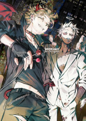 Rule 34 | 2boys, angel wings, animal collar, artist name, black gloves, black jacket, boku no hero academia, candy, chain, collar, commentary, dabi (boku no hero academia), demon tail, earrings, english commentary, fake halo, fake horns, fake tail, feathered wings, fingerless gloves, food, gloves, grin, halloween, halloween costume, halo, hands in pockets, hawks (boku no hero academia), holding, holding candy, holding food, holding lollipop, horns, jacket, jewelry, kadeart, lollipop, looking at viewer, multiple boys, multiple scars, pants, red collar, scar, scar on arm, scar on face, smile, stapled, stitched face, stitched neck, stitches, stud earrings, tail, white jacket, white pants, white wings, wings