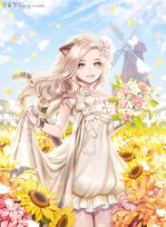 Rule 34 | 1girl, animal ears, blade &amp; soul, blonde hair, bouquet, cat ears, cat tail, day, dress, field, flower, flower field, frills, hair flower, hair ornament, highres, long hair, looking at viewer, outdoors, parted lips, petals, ravaniz, rose, smile, solo, strapless, strapless dress, sunflower, sunflower field, tail, wavy hair, white dress, white flower, white rose, wind, windmill, yellow eyes