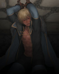 Rule 34 | 10s, 1boy, abs, blonde hair, blue eyes, chain, cum, cum on body, facial, fate/extra, fate/extra ccc, fate (series), gawain (fate), highres, humiliation, looking away, male focus, muscular, restrained, solo, yaoi, yusha (y nozi)