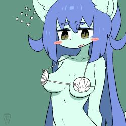 Rule 34 | 1girl, blue hair, blush stickers, breasts, cat, fang, female focus, furry, furry female, green background, hat, long hair, open mouth, shell, shell bikini, simple background, smile, solo, the amboina, witch hat, yellow eyes