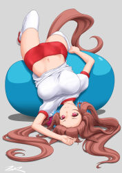 Rule 34 | 1girl, animal ears, ball, breasts, brown hair, buruma, commentary request, daiwa scarlet (umamusume), exercise ball, full body, grey background, gym shirt, gym uniform, hair intakes, highres, horse ears, horse girl, horse tail, large breasts, long hair, lying, navel, red buruma, red eyes, shirt, simple background, solo, t-shirt, t2r, tail, thighhighs, twintails, umamusume, white shirt, white thighhighs