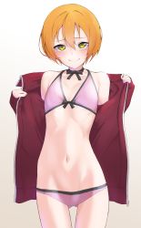 Rule 34 | 1girl, bikini, black choker, black ribbon, blush, choker, closed mouth, flat chest, gluteal fold, gradient background, green eyes, grey background, hair between eyes, halterneck, highres, hoshizora rin, jacket, long sleeves, looking at viewer, love live!, nasuno (nasuno42), navel, open clothes, open jacket, orange hair, pink bikini, ribbon, ribbon choker, short hair, skinny, smile, solo, standing, swimsuit, track jacket, undressing