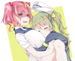 Rule 34 | 2girls, between breasts, blue jacket, blush, bow, breasts, closed mouth, commentary request, cookie (touhou), daiyousei, diyusi (cookie), closed eyes, face between breasts, fairyfloss, green hair, hair bobbles, hair ornament, head between breasts, hug, jacket, large breasts, long hair, multiple girls, onozuka komachi, open mouth, pale skin, ponytail, red eyes, red hair, shaded face, shirt, shishou (cookie), short hair, smile, touhou, two side up, upper body, white headwear, white shirt, yellow bow, yuri