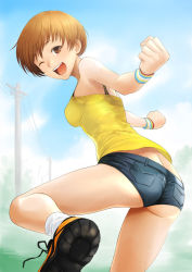 Rule 34 | 1girl, armband, ass, atlus, bad id, bad pixiv id, bare legs, bare shoulders, bra strap, brown eyes, brown hair, butt crack, camisole, fighting stance, from behind, huge ass, legs, looking back, mumu, one eye closed, open mouth, persona, persona 4, satonaka chie, see-through, shirt, shoes, short hair, short shorts, shorts, socks, sweat, sweat stain, tomboy, wink