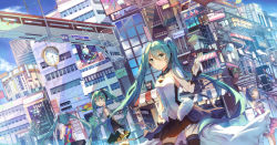 Rule 34 | 4girls, 7th dragon (series), 7th dragon 2020, anniversary, character name, city, clock, copyright name, detached sleeves, dutch angle, green eyes, green hair, hachune miku, happy birthday, hatsune miku, headphones, highres, long hair, mada (shizhou), multiple girls, necktie, open mouth, outdoors, roman numeral, skirt, spring onion, tell your world (vocaloid), thighhighs, traffic light, twintails, very long hair, vocaloid