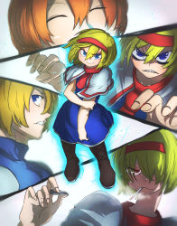 Rule 34 | 5girls, absurdres, alice margatroid, aura, blonde hair, blue dress, blue eyes, boots, brown footwear, capelet, cigarette, clenched teeth, closed mouth, commentary, cookie (touhou), cross-laced footwear, dress, full body, hair between eyes, hair over one eye, hairband, highres, hinase (cookie), ichigo (cookie), jigen (cookie), looking at viewer, multiple girls, necktie, niwarhythm, orange hair, red hairband, red neckwear, sakuranbou (cookie), smoking, taisa (cookie), teeth, touhou, upper body, white background, white capelet