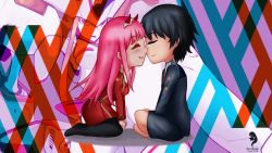 Rule 34 | 10s, 1boy, 1girl, barefoot, black hair, black pantyhose, blue eyes, closed eyes, couple, darling in the franxx, face-to-face, facing another, forehead-to-forehead, fringe trim, green eyes, hair ornament, hairband, hands on own knees, heads together, hetero, highres, hiro (darling in the franxx), horns, hoshioujosama, long hair, long sleeves, military, military uniform, necktie, no shoes, oni horns, pantyhose, pink hair, red horns, red neckwear, seiza, short hair, signature, sitting, straight hair, strelizia, uniform, white hairband, zero two (darling in the franxx)
