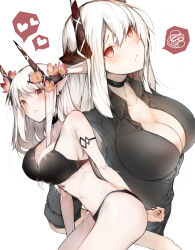 Rule 34 | 1girl, arknights, bikini, black bikini, black choker, black horns, black shirt, breasts, choker, collared shirt, commentary request, ekuesu, flower, grey background, hair flower, hair ornament, heart, highres, horns, large breasts, leaning forward, long hair, looking up, material growth, mudrock (arknights), multiple views, oripathy lesion (arknights), pointy ears, red eyes, shirt, simple background, solo, spoken heart, spoken squiggle, squiggle, swimsuit, white hair