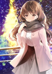 Rule 34 | 1girl, blurry, blurry background, brown hair, brown skirt, commentary request, earrings, grin, jacket, jewelry, kagachi saku, long hair, long sleeves, looking at viewer, original, pink jacket, signature, skirt, smile, solo, wavy hair