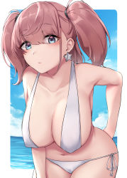 Rule 34 | 1girl, absurdres, atlanta (kancolle), bare arms, bare legs, bare shoulders, bikini, blue eyes, blush, breasts, brown hair, cleavage, closed mouth, collarbone, cowboy shot, earrings, highres, jewelry, kantai collection, kiritto, large breasts, long hair, navel, single earring, solo, star (symbol), star earrings, swimsuit, two side up, white bikini