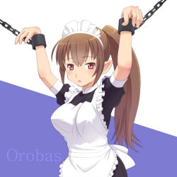 Rule 34 | 1girl, apron, bdsm, bondage, bound, brown eyes, brown hair, chain, cuffs, long hair, maid, maid apron, meow (nekodenki), original, pointy ears, ponytail, restrained, shackles, solo