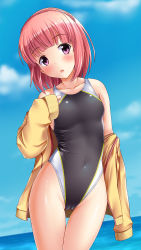 Rule 34 | 1girl, aikawa aika, alice gear aegis, alternate costume, bare shoulders, blush, braid, breasts, cameltoe, collarbone, commentary request, competition swimsuit, covered navel, cowboy shot, crown braid, groin, highleg, highleg swimsuit, highres, jacket, looking at viewer, ocean, off shoulder, one-piece swimsuit, open mouth, pink eyes, pink hair, skindentation, small breasts, solo, standing, swimsuit, swimsuit under clothes, tsuchimiya