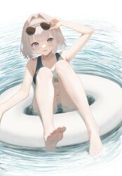 Rule 34 | 1girl, bikini, blue eyes, blush, character request, copyright request, eyewear on head, grey hair, highres, innertube, looking at viewer, made in zhejiang, navel, open mouth, soles, solo, sunglasses, swim ring, swimsuit, water