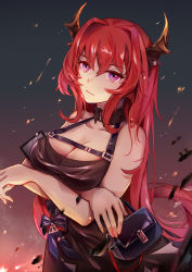 Rule 34 | 1girl, absurdres, arknights, arms under breasts, bag, bare shoulders, black dress, breasts, chest strap, cleavage, closed mouth, commentary request, crossed arms, detached collar, dress, hair intakes, handbag, highres, horns, lock (lockkk), long hair, looking at viewer, medium breasts, purple eyes, red hair, sidelocks, sleeveless, sleeveless dress, solo, surtr (arknights), upper body, zipper pull tab