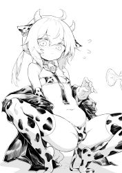 Rule 34 | 1girl, absurdres, ahoge, animal ears, animal print, bare shoulders, bell, bikini, black jacket, blush, breasts, cameltoe, chinese commentary, choker, commentary request, cow ears, cow horns, cow print, cow tail, cowbell, elbow gloves, full body, girls&#039; frontline, gloves, greyscale, hair between eyes, highres, horns, jacket, looking at viewer, m200 (girls&#039; frontline), milking machine, monochrome, navel, necktie, off shoulder, ponytail, print bikini, print thighhighs, shanyao jiang tororo, sidelocks, simple background, small breasts, solo, spread legs, squatting, sweatdrop, swimsuit, tail, thighhighs, white background