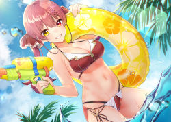 Rule 34 | 1girl, adapted costume, bare shoulders, bikini, blue sky, breasts, bubble, cleavage, cloud, day, dutch angle, grin, hair ribbon, halterneck, heterochromia, highres, holding, hololive, houshou marine, innertube, kitazume kumie, layered bikini, long hair, looking at viewer, medium breasts, navel, outdoors, red bikini, red eyes, red hair, ribbon, side-tie bikini bottom, sky, smile, solo, standing, stomach, swim ring, swimsuit, twintails, virtual youtuber, water, water gun, wet, yellow eyes