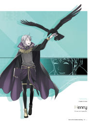 Rule 34 | 1boy, absurdres, ahoge, animal, arm up, bird, black legwear, book, bridal gauntlets, cape, character name, closed eyes, crow, feathered wings, fire emblem, fire emblem awakening, full body, hand up, henry (fire emblem), highres, holding, holding book, kozaki yuusuke, looking up, male focus, nintendo, official art, open mouth, page number, sandals, short hair, simple background, smile, turtleneck, white hair, wings, wizard