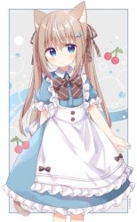 Rule 34 | 1girl, animal ear fluff, animal ears, apron, blue dress, blue eyes, bow, brown bow, brown hair, brown ribbon, cat ears, cat girl, cat tail, cherry, closed mouth, collared dress, commentary request, cowboy shot, diagonal-striped bow, dress, food, frilled apron, frilled dress, frilled sleeves, frills, fruit, grey background, hair between eyes, hair ornament, hair ribbon, hairclip, heart, heart hair ornament, highres, long hair, nakkar, original, puffy short sleeves, puffy sleeves, ribbon, short sleeves, smile, solo, tail, twintails, twitter username, very long hair, white apron