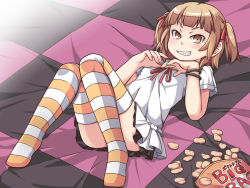 Rule 34 | 1girl, bag, black skirt, blush, bracelet, brown eyes, brown hair, child, chips (food), english text, food, grin, hair ribbon, highres, jewelry, lying, marui mitsuba, masuneko, mitsudomoe, on bed, parody, pleated skirt, potato chips, red ribbon, ribbon, short hair, short twintails, skirt, smile, solo, striped clothes, striped thighhighs, teeth, text focus, thighhighs, translated, tress ribbon, twintails, vocaloid, world is mine (vocaloid), zettai ryouiki