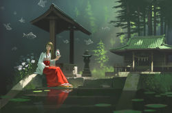 Rule 34 | 1girl, architecture, box, brown eyes, brown hair, closed mouth, commentary request, donation box, doora (dora0913), east asian architecture, fantasy, fish, flower, forest, fox mask, geta, hakama, hakama short skirt, hakama skirt, highres, holding, holding mask, huge filesize, japanese clothes, kimono, lily pad, long hair, mask, miko, nature, obi, original, outdoors, red hakama, reflection, sash, scenery, shinto, shrine, sitting, skirt, smile, stairs, surreal, tabi, temple, torii, tree, water, wide sleeves, yukata