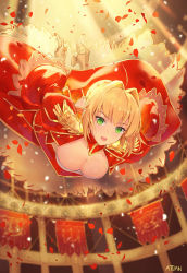 Rule 34 | 10s, 1girl, :d, armor, atdan, bad id, bad pixiv id, blush, breasts, cleavage, colosseum, dress, epaulettes, fate/extra, fate (series), greaves, green eyes, hair intakes, high heels, highres, looking at viewer, nero claudius (fate), nero claudius (fate) (all), nero claudius (fate/extra), open mouth, petals, smile, solo
