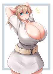 Rule 34 | absurdres, arms behind head, belt, blue eyes, blush, breasts, cleavage, dress, highres, huge breasts, in mouth, intrepid (kancolle), kantai collection, light brown hair, looking at viewer, partially unbuttoned, ponytail, short sleeves, simple background, sinape, smile, solo
