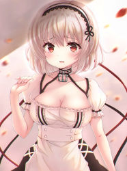 Rule 34 | 1girl, absurdres, apron, azur lane, blurry, blush, breasts, cleavage, collarbone, frown, hand up, headdress, highres, large breasts, looking at viewer, maid, maid apron, parted lips, red eyes, sakuraume, short hair, short sleeves, silver hair, sirius (azur lane), solo, upper body