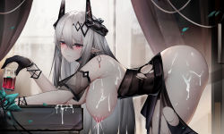 Rule 34 | 1girl, absurdres, arknights, ass, bad id, bad pixiv id, bare shoulders, bent over, binggong asylum, black dress, black gloves, breasts, chinese commentary, commentary, commentary request, cum, cum on body, dress, drink, earrings, female focus, flower, from side, gloves, grey hair, hanging breasts, highres, horns, jewelry, lactation, large breasts, long hair, looking at viewer, mudrock (arknights), mudrock (obsidian) (arknights), nipples, official alternate costume, parted lips, petals, pointy ears, red eyes, revision, smile, solo, thighs, torn clothes, torn dress