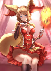 Rule 34 | 1girl, animal ear fluff, blonde hair, blush, bow, braixen, braixen (cosplay), breasts, brown socks, cleavage, commentary request, cosplay, creatures (company), dress, eyelashes, fire, game freak, gen 6 pokemon, gloves, highres, holding, holding stick, jojobirdz, knees, looking at viewer, nintendo, panties, pantyshot, parted lips, pokemon, pokemon (anime), pokemon ears, pokemon tail, pokemon xy (anime), serena (pokemon), shiny skin, short hair, sitting, socks, solo, stick, tail, underwear, yellow bow