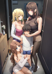 Rule 34 | 1boy, 3girls, :d, age difference, black choker, black hair, blonde hair, blue eyes, breasts, brown hair, brown skirt, camisole, candy, child, choker, cleavage, closed mouth, covered erect nipples, door, doorway, earrings, food, green eyes, hand on another&#039;s chin, highres, holding, holding candy, holding food, holding hands, holding lollipop, indoors, jewelry, kneeling, large breasts, living room, lollipop, low ponytail, miniskirt, multiple girls, off-shoulder sweater, off shoulder, onee-shota, open mouth, original, panties, pantyhose, pantyshot, parted lips, purple eyes, purple panties, sayika, side ponytail, skirt, smile, sweater, thighs, underwear
