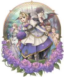 Rule 34 | 2girls, 3boys, armor, armored boots, boots, bouquet, braid, buckle, cape, castle, crown, dress, elf, facial hair, fairy, flower, hat, hatake michi, multiple boys, multiple girls, original, pointy ears, purple flower, purple rose, resolution mismatch, rose, size difference, source larger, sword, tiara, weapon, wings, wolf