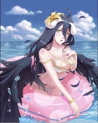 Rule 34 | 1girl, ahoge, albedo (overlord), alfredwong, bare shoulders, bikini, black hair, black wings, blush, bracelet, breasts, cleavage, cloud, collarbone, commentary, day, demon girl, demon horns, demon wings, falling feathers, feathered wings, feathers, floatation devices, flower, hair between eyes, hair flower, hair ornament, hand on own chest, horns, in water, innertube, jewelry, large breasts, long hair, looking at viewer, low wings, navel, necklace, ocean, open mouth, outdoors, overlord (maruyama), partially submerged, sky, slit pupils, solo, swim ring, swimsuit, wading, water, water drop, waves, white bikini, wings, yellow eyes