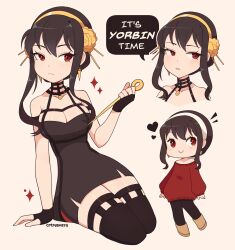 Rule 34 | 1girl, absurdres, black dress, black gloves, black hair, black thighhighs, blade, cremanata, dress, english text, fingerless gloves, gloves, hair ornament, heart, highres, holding, holding weapon, it&#039;s morbin&#039; time (meme), kneeling, long hair, meme, multiple views, red eyes, red sweater, simple background, speech bubble, spy x family, sweater, thighhighs, weapon, white background, yor briar