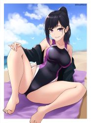 Rule 34 | 1girl, absurdres, barefoot, beach, black hair, black jacket, blue sky, breasts, cloud, collarbone, commentary, competition swimsuit, day, dootmoon, english commentary, highres, jacket, long hair, looking at viewer, medium breasts, one-piece swimsuit, open clothes, open jacket, original, outdoors, purple eyes, sky, solo, swimsuit