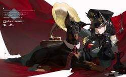Rule 34 | 1girl, absurdres, animal, arknights, black eyes, black gloves, black hair, breasts, character name, detached collar, doberman, dobermann (arknights), dobermann (lieutenant) (arknights), dog, gloves, hat, highres, long hair, looking at viewer, lying, military, military hat, military uniform, necktie, official alternate costume, on side, phonograph, solo, uniform, yulinqiaosan